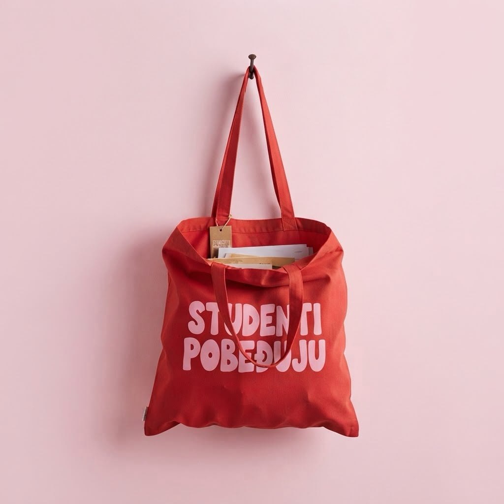Crveni platneni ceger sa natpisom Studenti pobeđuju